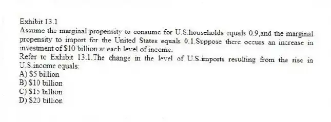 Exhibit 13.1
Assume the marginal propensity to consume for U.S.households equals 0.9,and the marginal propensity to import for the United States equals 0.1.Suppose there occurs an increase in investment of $10 billion at each level of income.
-Refer to Exhibit 13.1.The change in the level of U.S.imports resulting from the rise in U.S.income equals:
A) $5 billion
B) $10 billion
C) $15 billion
D) $20 billion
