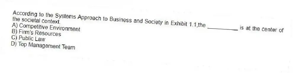 According to the Systems Approach to Business and Society in Exhibit 1.1,the __________ is at the center of the societal context.
A) Competitive Environment
B) Firm's Resources
C) Public Law
D) Top Management Team
