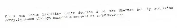 Firms can incur liability under Section 2 of the Sherman Act by acquiring monopoly power through corporate mergers or acquisitions.