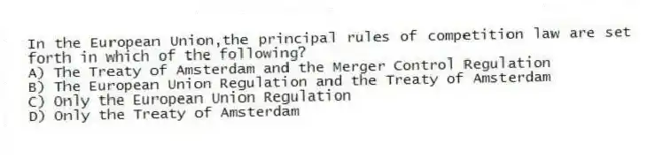 In the European Union,the principal rules of competition law are set forth in which of the following?
A) The Treaty of Amsterdam and the Merger Control Regulation
B) The European Union Regulation and the Treaty of Amsterdam
C) Only the European Union Regulation
D) Only the Treaty of Amsterdam