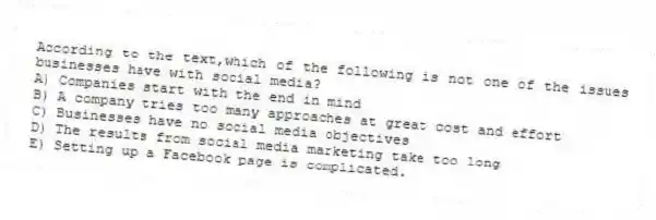According to the text,which of the following is not one of the issues businesses have with social media?
A) Companies start with the end in mind
B) A company tries too many approaches at great cost and effort
C) Businesses have no social media objectives
D) The results from social media marketing take too long
E) Setting up a Facebook page is complicated.