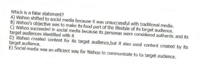 Which is a false statement?
A) Wahoo shifted to social media because it was unsuccessful with traditional media.
B) Wahoo's objective was to make its food part of the lifestyle of its target audience.
C) Wahoo succeeded in social media because its personas were considered authentic and its target audiences identified with it
D) Wahoo created content for its target audience,but it also used content created by its target audience.
E) Social media was an efficient way for Wahoo to communicate to its target audience.
