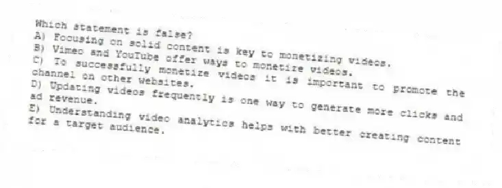 Which statement is false?
A) Focusing on solid content is key to monetizing videos.
B) Vimeo and YouTube offer ways to monetize videos.
C) To successfully monetize videos it is important to promote the channel on other websites.
D) Updating videos frequently is one way to generate more clicks and ad revenue.
E) Understanding video analytics helps with better creating content for a target audience.