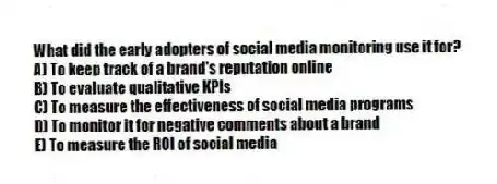 What did the early adopters of social media monitoring use it for?
A) To keep track of a brand's reputation online
B) To evaluate qualitative KPIs
C) To measure the effectiveness of social media programs
D) To monitor it for negative comments about a brand
E) To measure the ROI of social media