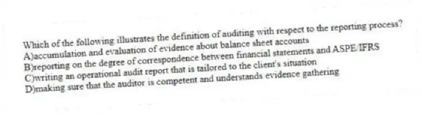 Which of the following illustrates the definition of auditing with respect to the reporting process?
A)accumulation and evaluation of evidence about balance sheet accounts
B)reporting on the degree of correspondence between financial statements and ASPE/IFRS
C)writing an operational audit report that is tailored to the client's situation
D)making sure that the auditor is competent and understands evidence gathering