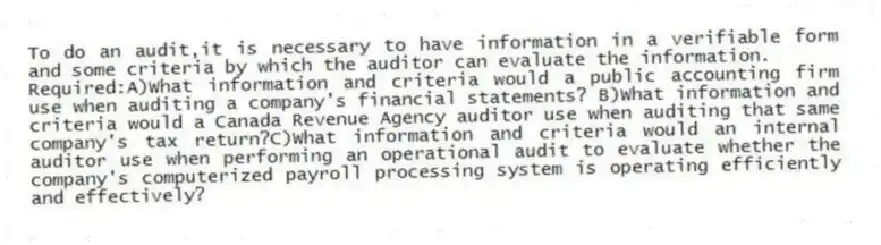 To do an audit,it is necessary to have information in a verifiable form and some criteria by which the auditor can evaluate the information.
Required:A)What information and criteria would a public accounting firm use when auditing a company's financial statements? B)What information and criteria would a Canada Revenue Agency auditor use when auditing that same company's tax return?C)What information and criteria would an internal auditor use when performing an operational audit to evaluate whether the company's computerized payroll processing system is operating efficiently and effectively?