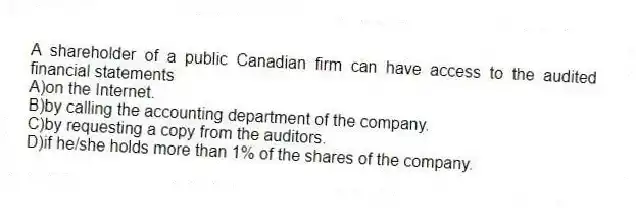 A shareholder of a public Canadian firm can have access to the audited financial statements
A)on the Internet.
B)by calling the accounting department of the company.
C)by requesting a copy from the auditors.
D)if he/she holds more than 1% of the shares of the company.