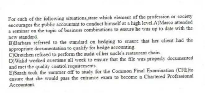 For each of the following situations,state which element of the profession or society encourages the public accountant to conduct himself at a high level.A)Marco attended a seminar on the topic of business combinations to ensure he was up to date with the new standard.
B)Barbara referred to the standard on hedging to ensure that her client had the appropriate documentation to qualify for hedge accounting.
C)Gretchen refused to perform the audit of her uncle's restaurant chain.
D)Walid worked overtime all week to ensure that the file was properly documented and met the quality control requirements.
E)Sarah took the summer off to study for the Common Final Examination (CFE)to ensure that she would pass the entrance exam to become a Chartered Professional Accountant.