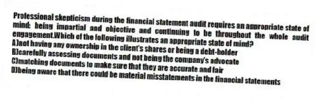 Professional skepticism during the financial statement audit requires an appropriate state of mind: being impartial and objective and continuing to be throughout the whole audit engagement.Which of the following illustrates an appropriate state of mind?
A)not having any ownership in the client's shares or being a debt-holder
B)carefully assessing documents and not being the company's advocate
C)matching documents to make sure that they are accurate and fair
D)being aware that there could be material misstatements in the financial statements