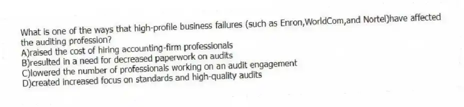 What is one of the ways that high-profile business failures (such as Enron,WorldCom,and Nortel)have affected the auditing profession?
A)raised the cost of hiring accounting-firm professionals
B)resulted in a need for decreased paperwork on audits
C)lowered the number of professionals working on an audit engagement
D)created increased focus on standards and high-quality audits