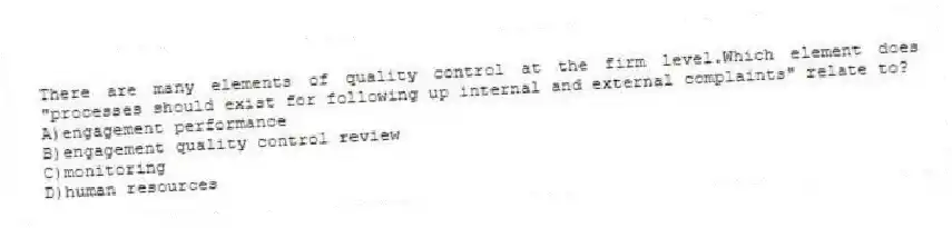 There are many elements of quality control at the firm level.Which element does "processes should exist for following up internal and external complaints" relate to?
A)engagement performance
B)engagement quality control review
C)monitoring
D)human resources