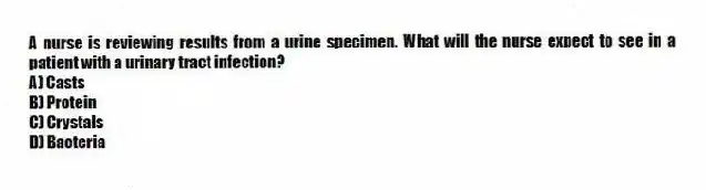 A nurse is reviewing results from a urine specimen. What will the nurse expect to see in a patient with a urinary tract infection?
A) Casts
B) Protein
C) Crystals
D) Bacteria