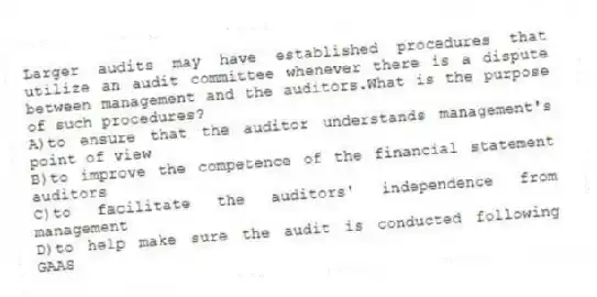 Larger audits may have established procedures that utilize an audit committee whenever there is a dispute between management and the auditors.What is the purpose of such procedures?
A)to ensure that the auditor understands management's point of view
B)to improve the competence of the financial statement auditors
C)to facilitate the auditors' independence from management
D)to help make sure the audit is conducted following GAAS