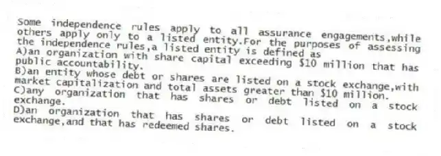 Some independence rules apply to all assurance engagements,while others apply only to a listed entity.For the purposes of assessing the independence rules,a listed entity is defined as
A)an organization with share capital exceeding $10 million that has public accountability.
B)an entity whose debt or shares are listed on a stock exchange,with market capitalization and total assets greater than $10 million.
C)any organization that has shares or debt listed on a stock exchange.
D)an organization that has shares or debt listed on a stock exchange,and that has redeemed shares.