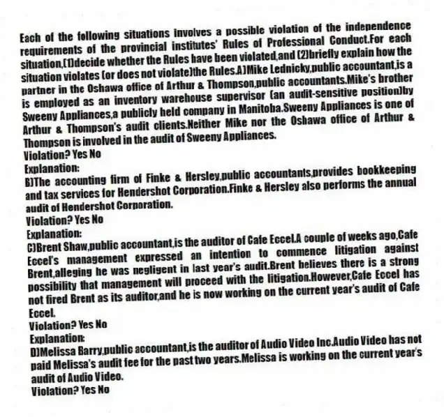Each of the following situations involves a possible violation of the independence requirements of the provincial institutes' Rules of Professional Conduct.For each situation,(1)decide whether the Rules have been violated,and (2)briefly explain how the situation violates (or does not violate)the Rules.A)Mike Lednicky,public accountant,is a partner in the Oshawa office of Arthur & Thompson,public accountants.Mike's brother is employed as an inventory warehouse supervisor (an audit-sensitive position)by Sweeny Appliances,a publicly held company in Manitoba.Sweeny Appliances is one of Arthur & Thompson's audit clients.Neither Mike nor the Oshawa office of Arthur & Thompson is involved in the audit of Sweeny Appliances.
Violation? Yes No
Explanation:
B)The accounting firm of Finke & Hersley,public accountants,provides bookkeeping and tax services for Hendershot Corporation.Finke & Hersley also performs the annual audit of Hendershot Corporation.
Violation? Yes No
Explanation:
C)Brent Shaw,public accountant,is the auditor of Cafe Eccel.A couple of weeks ago,Cafe Eccel's management expressed an intention to commence litigation against Brent,alleging he was negligent in last year's audit.Brent believes there is a strong possibility that management will proceed with the litigation.However,Cafe Eccel has not fired Brent as its auditor,and he is now working on the current year's audit of Cafe Eccel.
Violation? Yes No
Explanation:
D)Melissa Barry,public accountant,is the auditor of Audio Video Inc.Audio Video has not paid Melissa's audit fee for the past two years.Melissa is working on the current year's audit of Audio Video.
Violation? Yes No