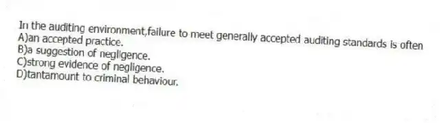 In the auditing environment,failure to meet generally accepted auditing standards is often
A)an accepted practice.
B)a suggestion of negligence.
C)strong evidence of negligence.
D)tantamount to criminal behaviour.