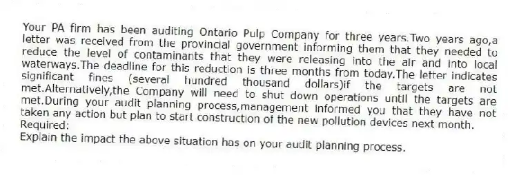 Your PA firm has been auditing Ontario Pulp Company for three years.Two years ago,a letter was received from the provincial government informing them that they needed to reduce the level of contaminants that they were releasing into the air and into local waterways.The deadline for this reduction is three months from today.The letter indicates significant fines (several hundred thousand dollars)if the targets are not met.Alternatively,the Company will need to shut down operations until the targets are met.During your audit planning process,management informed you that they have not taken any action but plan to start construction of the new pollution devices next month.
Required:
Explain the impact the above situation has on your audit planning process.