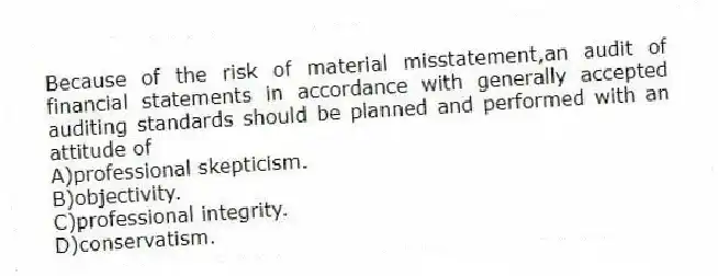 Because of the risk of material misstatement,an audit of financial statements in accordance with generally accepted auditing standards should be planned and performed with an attitude of
A)professional skepticism.
B)objectivity.
C)professional integrity.
D)conservatism.