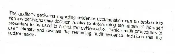The auditor's decisions regarding evidence accumulation can be broken into various decisions.One decision relates to determining the nature of the audit procedure to be used to collect the evidence;i.e. ,"which audit procedures to use." Identify and discuss the remaining audit evidence decisions that the auditor makes.