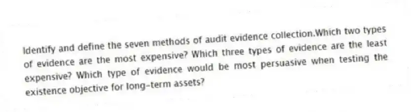 Identify and define the seven methods of audit evidence collection.Which two types of evidence are the most expensive? Which three types of evidence are the least expensive? Which type of evidence would be most persuasive when testing the existence objective for long-term assets?