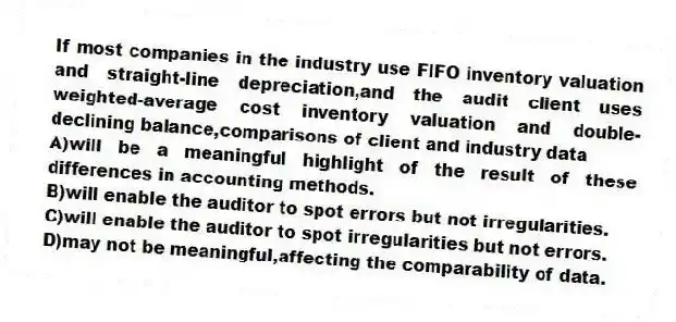 If most companies in the industry use FIFO inventory valuation and straight-line depreciation,and the audit client uses weighted-average cost inventory valuation and double-declining balance,comparisons of client and industry data
A)will be a meaningful highlight of the result of these differences in accounting methods.
B)will enable the auditor to spot errors but not irregularities.
C)will enable the auditor to spot irregularities but not errors.
D)may not be meaningful,affecting the comparability of data.