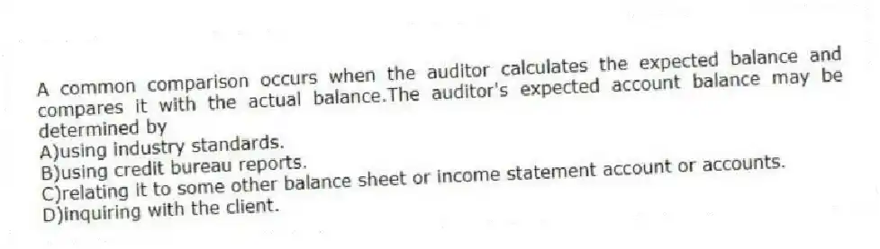 A common comparison occurs when the auditor calculates the expected balance and compares it with the actual balance.The auditor's expected account balance may be determined by
A)using industry standards.
B)using credit bureau reports.
C)relating it to some other balance sheet or income statement account or accounts.
D)inquiring with the client.