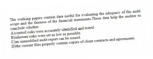 The working papers contain data useful for evaluating the adequacy of the audit scope and the fairness of the financial statements.These data help the auditor to conclude whether
A)control risks were accurately identified and tested.
B)inherent risks were set as low as possible.
C)an unmodified audit report can be issued.
D)the current files properly contain copies of client contracts and agreements.
