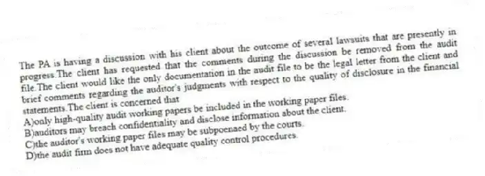 The PA is having a discussion with his client about the outcome of several lawsuits that are presently in progress.The client has requested that the comments during the discussion be removed from the audit file.The client would like the only documentation in the audit file to be the legal letter from the client and brief comments regarding the auditor's judgments with respect to the quality of disclosure in the financial statements.The client is concerned that
A)only high-quality audit working papers be included in the working paper files.
B)auditors may breach confidentiality and disclose information about the client.
C)the auditor's working paper files may be subpoenaed by the courts.
D)the audit firm does not have adequate quality control procedures.