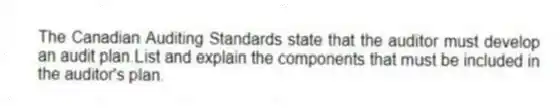The Canadian Auditing Standards state that the auditor must develop an audit plan.List and explain the components that must be included in the auditor's plan.