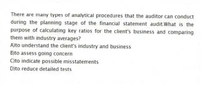 There are many types of analytical procedures that the auditor can conduct during the planning stage of the financial statement audit.What is the purpose of calculating key ratios for the client's business and comparing them with industry averages?
A)to understand the client's industry and business
B)to assess going concern
C)to indicate possible misstatements
D)to reduce detailed tests