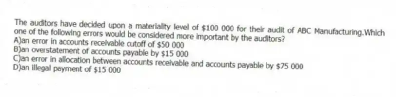 The auditors have decided upon a materiality level of $100 000 for their audit of ABC Manufacturing.Which one of the following errors would be considered more important by the auditors?
A)an error in accounts receivable cutoff of $50 000
B)an overstatement of accounts payable by $15 000
C)an error in allocation between accounts receivable and accounts payable by $75 000
D)an illegal payment of $15 000