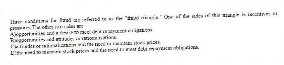 Three conditions for fraud are referred to as the "fraud triangle." One of the sides of this triangle is incentives or pressures.The other two sides are
A)opportunities and a desire to meet debt repayment obligations.
B)opportunities and attitudes or rationalizations.
C)attitudes or rationalizations and the need to maintain stock prices.
D)the need to maintain stock prices and the need to meet debt repayment obligations.