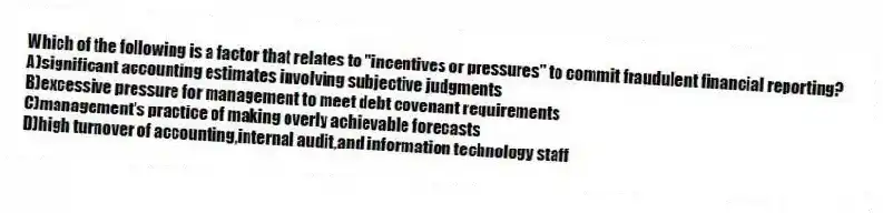 Which of the following is a factor that relates to "incentives or pressures" to commit fraudulent financial reporting?
A)significant accounting estimates involving subjective judgments
B)excessive pressure for management to meet debt covenant requirements
C)management's practice of making overly achievable forecasts
D)high turnover of accounting,internal audit,and information technology staff
