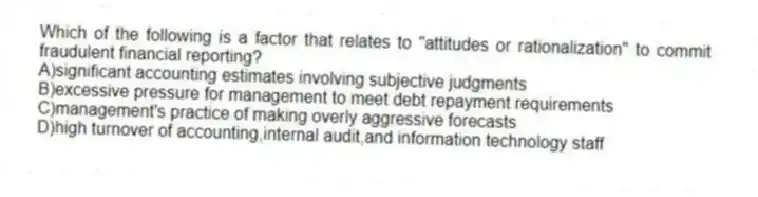 Which of the following is a factor that relates to "attitudes or rationalization" to commit fraudulent financial reporting?
A)significant accounting estimates involving subjective judgments
B)excessive pressure for management to meet debt repayment requirements
C)management's practice of making overly aggressive forecasts
D)high turnover of accounting,internal audit,and information technology staff