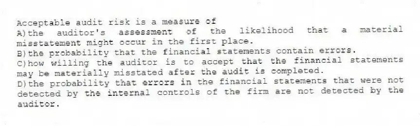 Acceptable audit risk is a measure of
A)the auditor's assessment of the likelihood that a material misstatement might occur in the first place.
B)the probability that the financial statements contain errors.
C)how willing the auditor is to accept that the financial statements may be materially misstated after the audit is completed.
D)the probability that errors in the financial statements that were not detected by the internal controls of the firm are not detected by the auditor.