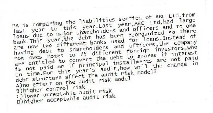 PA is comparing the liabilities section of ABC Ltd.from last year to this year.Last year,ABC Ltd.had large loans due to major shareholders and officers and to one bank.This year,the debt has been reorganized so there are now two different banks used for loans.Instead of having debt to shareholders and officers,the company now owes notes to 25 different foreign investors,who are entitled to convert the debt to shares if interest is not paid or if principal installments are not paid on time.For this year's audit,how will the change in debt structure affect the audit risk model?
A)no effect on the audit risk model
B)higher control risk
C)lower acceptable audit risk
D)higher acceptable audit risk