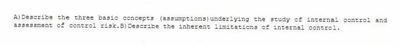 A)Describe the three basic concepts (assumptions)underlying the study of internal control and assessment of control risk.B)Describe the inherent limitations of internal control.