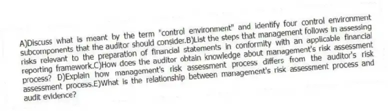 A)Discuss what is meant by the term "control environment" and identify four control environment subcomponents that the auditor should consider.B)List the steps that management follows in assessing risks relevant to the preparation of financial statements in conformity with an applicable financial reporting framework.C)How does the auditor obtain knowledge about management's risk assessment process? D)Explain how management's risk assessment process differs from the auditor's risk assessment process.E)What is the relationship between management's risk assessment process and audit evidence?