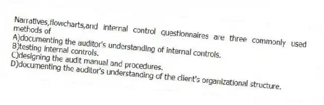 Narratives,flowcharts,and internal control questionnaires are three commonly used methods of
A)documenting the auditor's understanding of internal controls.
B)testing internal controls.
C)designing the audit manual and procedures.
D)documenting the auditor's understanding of the client's organizational structure.