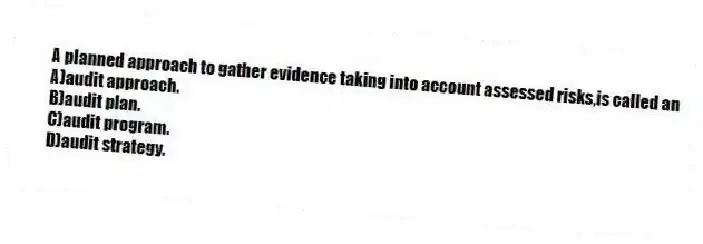 A planned approach to gather evidence taking into account assessed risks,is called an
A)audit approach.
B)audit plan.
C)audit program.
D)audit strategy.