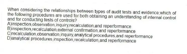 When considering the relationships between types of audit tests and evidence,which of the following procedures are used for both obtaining an understanding of internal control and for conducting tests of controls?
A)inspection,observation,inquiry,recalculation,and reperformance
B)inspection,recalculation,external confirmation,and reperformance
C)recalculation,observation,inquiry,analytical procedures,and reperformance
D)analytical procedures,inspection,recalculation,and reperformance