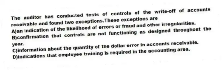 The auditor has conducted tests of controls of the write-off of accounts receivable and found two exceptions.These exceptions are
A)an indication of the likelihood of errors or fraud and other irregularities.
B)confirmation that controls are not functioning as designed throughout the year.
C)information about the quantity of the dollar error in accounts receivable.
D)indications that employee training is required in the accounting area.