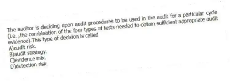 The auditor is deciding upon audit procedures to be used in the audit for a particular cycle (i.e. ,the combination of the four types of tests needed to obtain sufficient appropriate audit evidence).This type of decision is called
A)audit risk.
B)audit strategy.
C)evidence mix.
D)detection risk.
