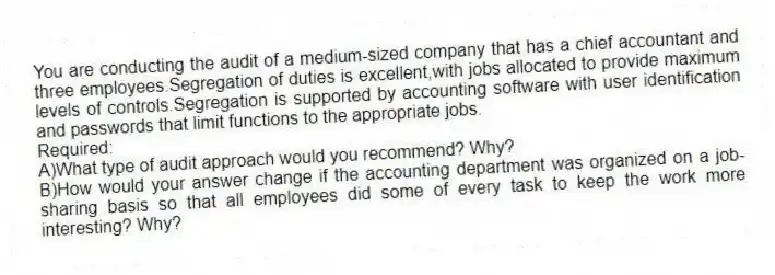 You are conducting the audit of a medium-sized company that has a chief accountant and three employees.Segregation of duties is excellent,with jobs allocated to provide maximum levels of controls.Segregation is supported by accounting software with user identification and passwords that limit functions to the appropriate jobs.
Required:
A)What type of audit approach would you recommend? Why?
B)How would your answer change if the accounting department was organized on a job-sharing basis so that all employees did some of every task to keep the work more interesting? Why?