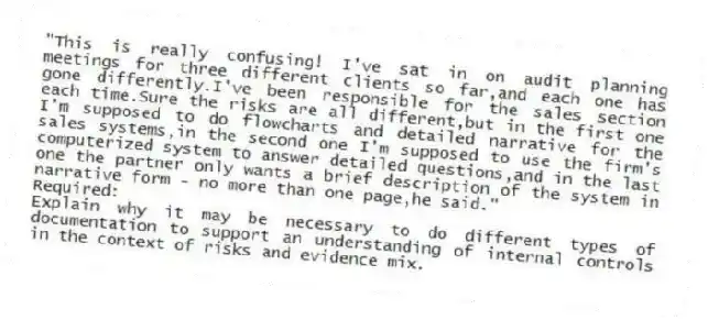 "This is really confusing! I've sat in on audit planning meetings for three different clients so far,and each one has gone differently.I've been responsible for the sales section each time.Sure the risks are all different,but in the first one I'm supposed to do flowcharts and detailed narrative for the sales systems,in the second one I'm supposed to use the firm's computerized system to answer detailed questions,and in the last one the partner only wants a brief description of the system in narrative form - no more than one page,he said."
Required:
Explain why it may be necessary to do different types of documentation to support an understanding of internal controls in the context of risks and evidence mix.