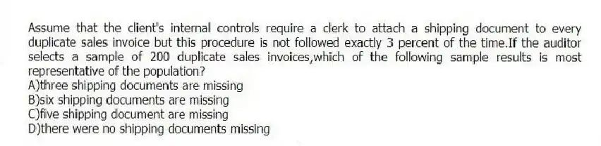 Assume that the client's internal controls require a clerk to attach a shipping document to every duplicate sales invoice but this procedure is not followed exactly 3 percent of the time.If the auditor selects a sample of 200 duplicate sales invoices,which of the following sample results is most representative of the population?
A)three shipping documents are missing
B)six shipping documents are missing
C)five shipping document are missing
D)there were no shipping documents missing