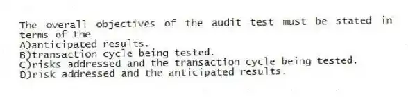 The overall objectives of the audit test must be stated in terms of the
A)anticipated results.
B)transaction cycle being tested.
C)risks addressed and the transaction cycle being tested.
D)risk addressed and the anticipated results.