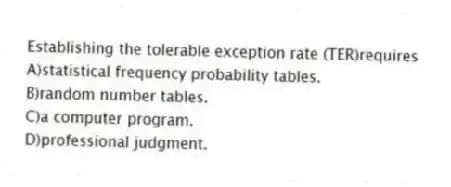 Establishing the tolerable exception rate (TER)requires
A)statistical frequency probability tables.
B)random number tables.
C)a computer program.
D)professional judgment.