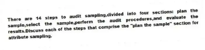 There are 14 steps to audit sampling,divided into four sections: plan the sample,select the sample,perform the audit procedures,and evaluate the results.Discuss each of the steps that comprise the "plan the sample" section for attribute sampling.