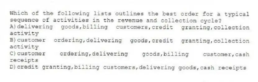 Which of the following lists outlines the best order for a typical sequence of activities in the revenue and collection cycle?
A)delivering goods,billing customers,credit granting,collection activity
B)customer ordering,delivering goods,credit granting,collection activity
C)customer ordering,delivering goods,billing customer,cash receipts
D)credit granting,billing customers,delivering goods,cash receipts